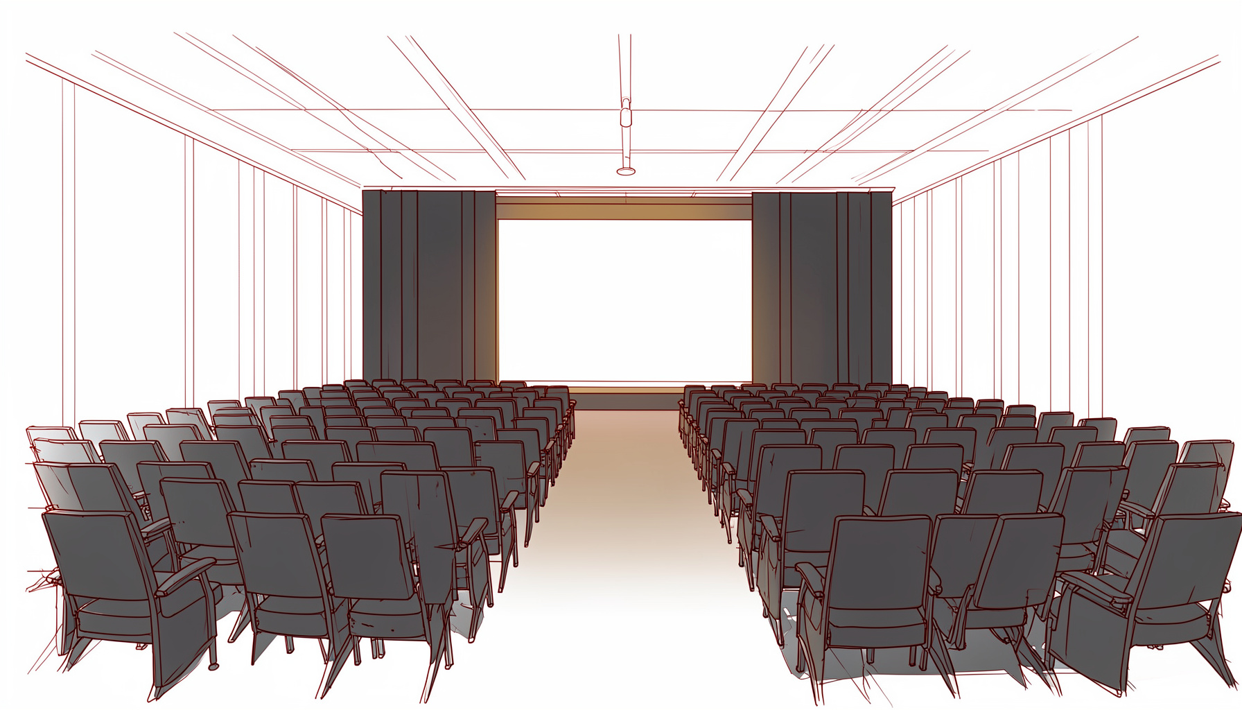 A wide atmospheric view of a dimly lit conference hall with rows of empty seats and a stage, rendered in deep charcoal and warm amber tones