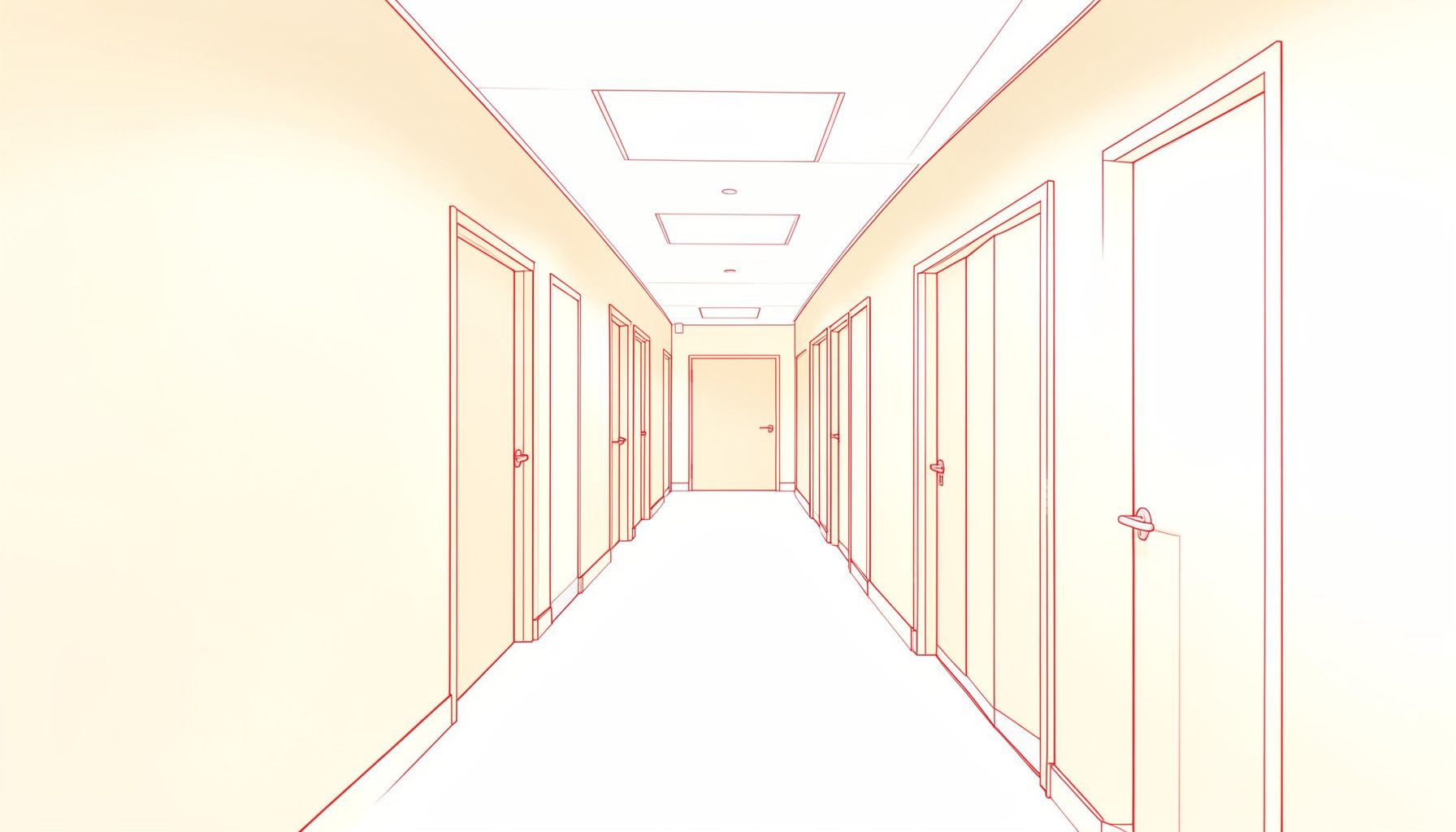 A quiet academic hallway with warm beige walls, soft overhead lighting, and a row of wooden office doors receding into the distance, conveying a calm scholarly atmosphere.