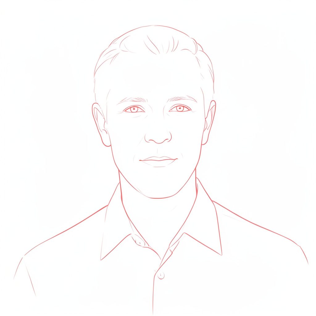 Minimal line drawing of a human expert and machine model interacting, in warm charcoal and blush tones